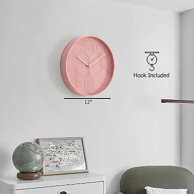 Clockswise 12" Rose Pink Hex Embossed Wall Clock Modern Decorative Round Hanging Design