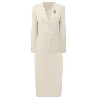 Women's Skirt Suit Set 2 pc Outfit Business Work Blazers and Pencil Skirts with Brooch Pin