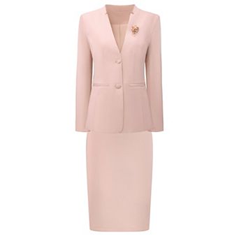Women's Skirt Suit Set 2 pc Outfit Business Work Blazers and Pencil Skirts with Brooch Pin