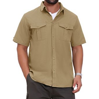 Men's Fishing Shirt Summer Short Sleeve Solid Hiking Cargo Shirts