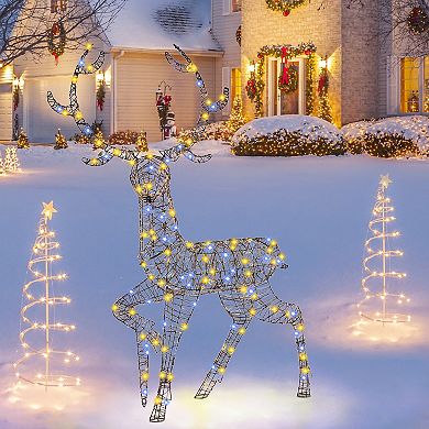 Gymax Christmas 3D Lighted Reindeer Pre-Lit Rattan Buck w/ Large Antlers & 170 LED Lights