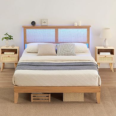 Rattan Bed Frame with LED Headboard, Natural Boho Platform Bed, No Box Spring Needed