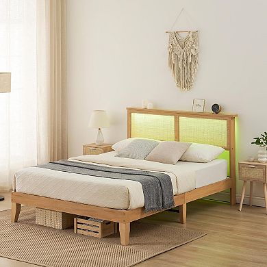 Rattan Bed Frame with LED Headboard, Natural Boho Platform Bed, No Box Spring Needed