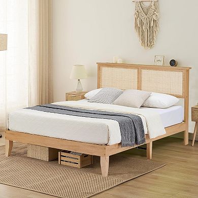 Rattan Bed Frame with LED Headboard, Natural Boho Platform Bed, No Box Spring Needed