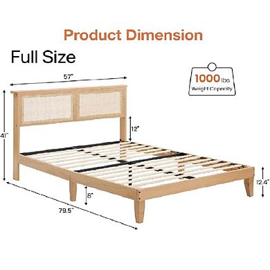 Rattan Bed Frame with LED Headboard, Natural Boho Platform Bed, No Box Spring Needed