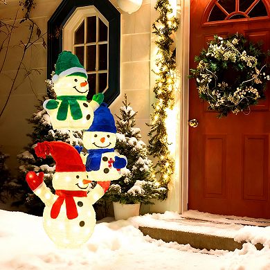 Gymax 5 FT Stacked Snowman Lighted Christmas Decoration w/110 LED Lights Ground Stakes