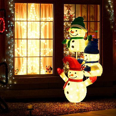 Gymax 5 FT Stacked Snowman Lighted Christmas Decoration w/110 LED Lights Ground Stakes