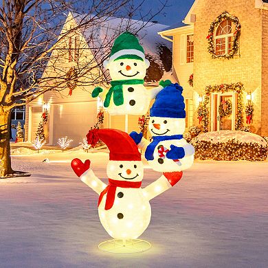Gymax 5 FT Stacked Snowman Lighted Christmas Decoration w/110 LED Lights Ground Stakes