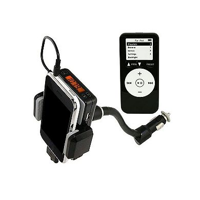 Hands-Free Car FM Transmitter Charger, Remote, AUX 3.5mm, Gooseneck Phone Holder