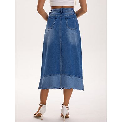 Women's Casual Denim Maxi Skirt High Waist A Line Wash Panel Hem Long Jean Skirts