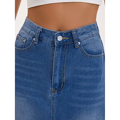 Women's Casual Denim Maxi Skirt High Waist A Line Wash Panel Hem Long Jean Skirts