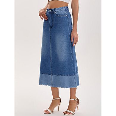Women's Casual Denim Maxi Skirt High Waist A Line Wash Panel Hem Long Jean Skirts