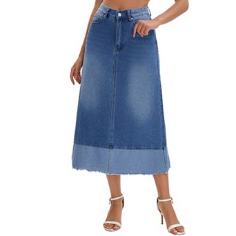 Women's Casual Denim Maxi Skirt High Waist A Line Wash Panel Hem Long Jean Skirts