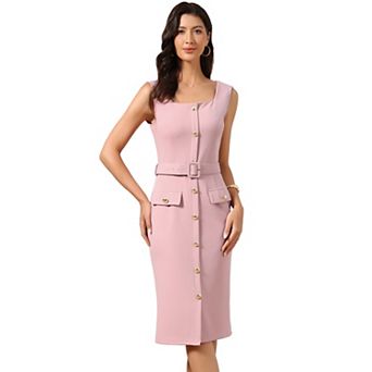 Work Dress for Women's Sleeveless Square Neck Formal Belted Bodycon Midi Dress