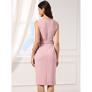Work Dress for Women's Sleeveless Square Neck Formal Belted Bodycon Midi Dress