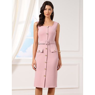 Work Dress for Women's Sleeveless Square Neck Formal Belted Bodycon Midi Dress