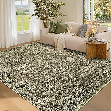 Oriental Machine Washable Rug with Non Slip TPR Backing Low Pile Non Shedding Carpet