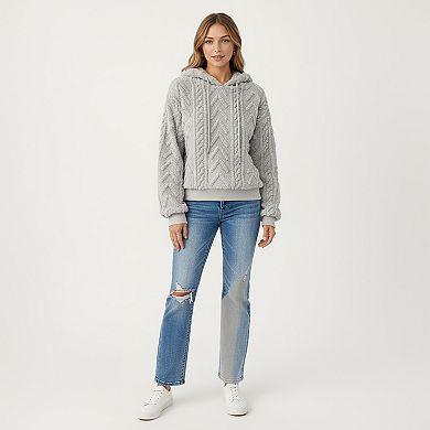 Women's Plush Textured Hoodie with Cable Inspired Patterning and Soft High Pile Fabric