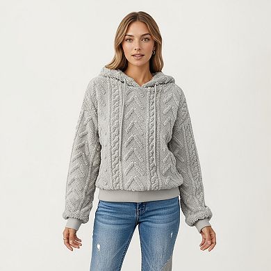 Women's Plush Textured Hoodie with Cable Inspired Patterning and Soft High Pile Fabric