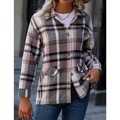 Women's Casual Flannel Plaid Shacket Button Down Long Sleeve Shirt Jacket Coats