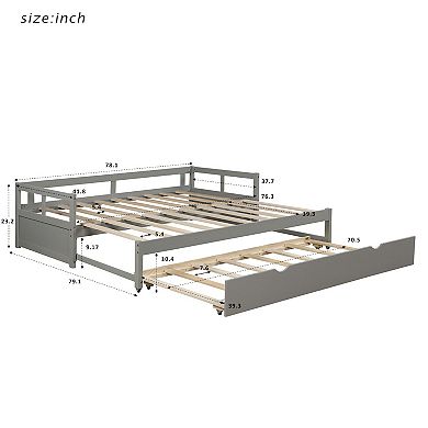Whisen Wooden Daybed with Trundle, Extendable Twin to King Daybed Frame