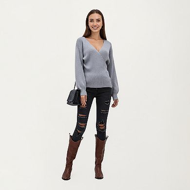 Women’s Ribbed Knit Wrap Front Top with Soft Textured Fabric and Long Sleeves