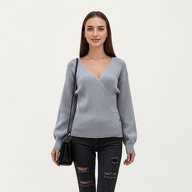 Women’s Ribbed Knit Wrap Front Top with Soft Textured Fabric and Long Sleeves