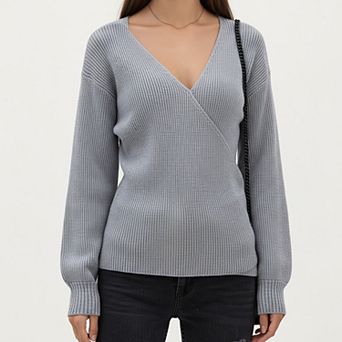 Women’s Ribbed Knit Wrap Front Top with Soft Textured Fabric and Long Sleeves