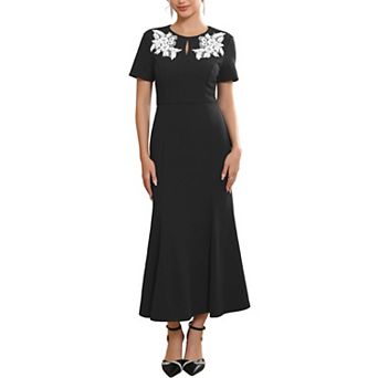 Women's Cocktail Dress Floral Embroidered Crewneck Fishtail Midi Formal Evening Dresses