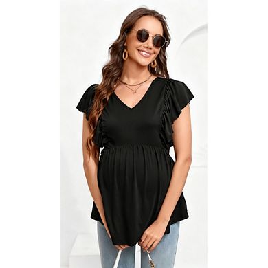 Womens Maternity Ruffle Blouse Short Sleeve Casual V Neck T Shirts Summer Tops Baby Shower