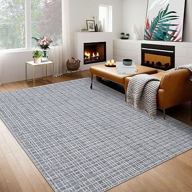 Modern Plaid Washable Area Rugs for Living Room Non Slip Foldable Soft Stain Resistant Carpet