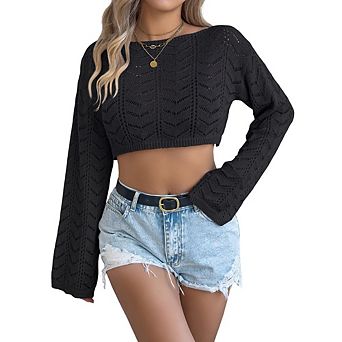 Cropped Sweaters for Women Knit Round Neckline Hollow Out Long Sleeve Crop Top Sweater Party