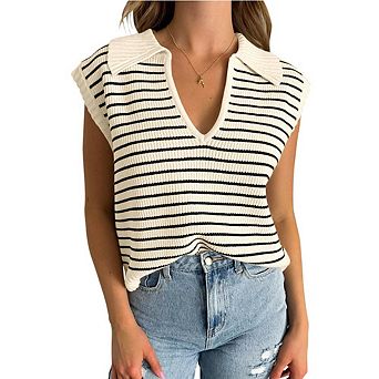 Sweate Vest Women Collared Stripe Knit Pullover Cap Sleeveless Dressy Casual Tops Summer Fashion