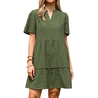 Eyelet Dress for Women Summer Short Sleeve V Neck Hollow Out Ruffle Vacation Mini Dresses