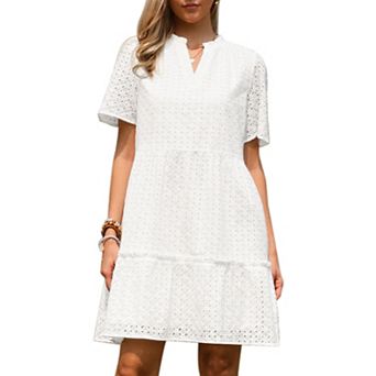 Eyelet Dress for Women Summer Short Sleeve V Neck Hollow Out Ruffle Vacation Mini Dresses