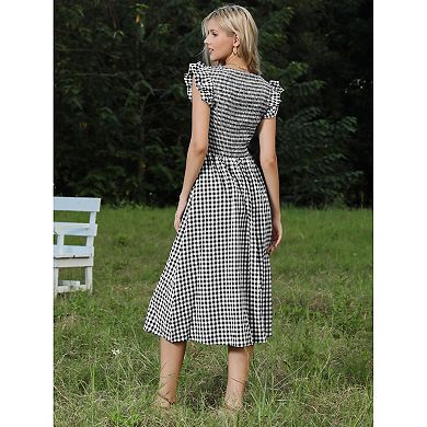 Gingham Plaid Dress for Women's Summer Ruffle Square Neck Smocked Midi Dresses