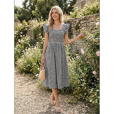 Gingham Plaid Dress for Women's Summer Ruffle Square Neck Smocked Midi Dresses