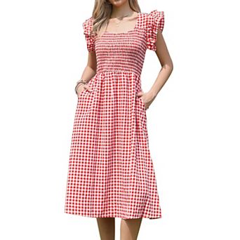 Gingham Plaid Dress for Women's Summer Ruffle Square Neck Smocked Midi Dresses