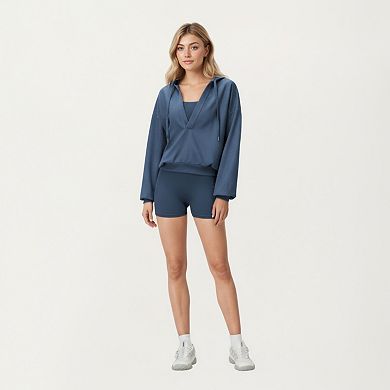 Women's Waffle Knit Long Sleeve Active Hoodie Top with Deep V-Neckline Relaxed Fit