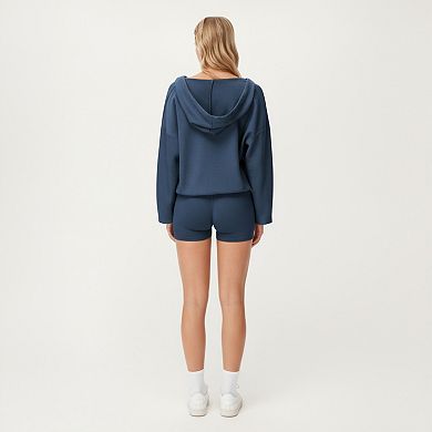 Women's Waffle Knit Long Sleeve Active Hoodie Top with Deep V-Neckline Relaxed Fit