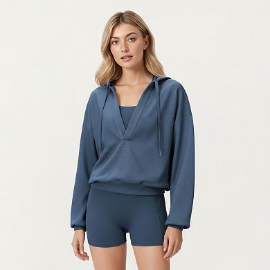 Women's Waffle Knit Long Sleeve Active Hoodie Top with Deep V-Neckline Relaxed Fit