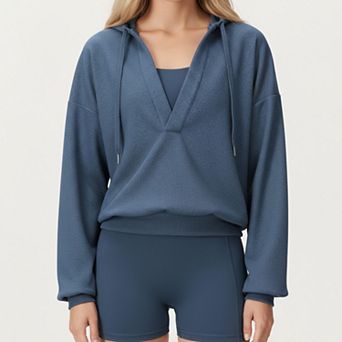 Women's Waffle Knit Long Sleeve Active Hoodie Top with Deep V-Neckline Relaxed Fit