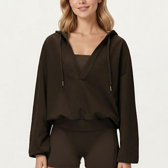 Women's Waffle Knit Long Sleeve Active Hoodie Top with Deep V-Neckline Relaxed Fit