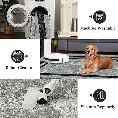 Indoor Modern Solid Color Border Rug Easy Care Washable Soft Low Pile Non-Slip Foldable Carpet