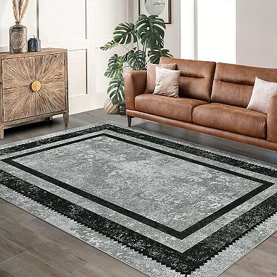 Indoor Modern Solid Color Border Rug Easy Care Washable Soft Low Pile Non-Slip Foldable Carpet