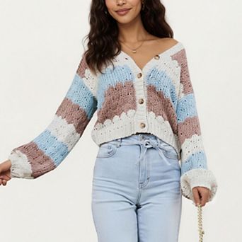 Women’s Textured Knit Button Front Top with Long Sleeves, Soft Scalloped Stripe Pattern