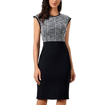 Work Dress for Women Tweed Crew Neck Sleeveless Patchwork Office Business Bodycon Sheath Dresses