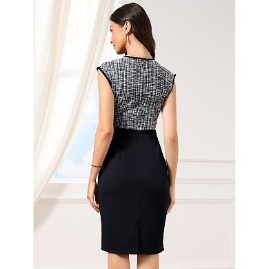 Work Dress for Women Tweed Crew Neck Sleeveless Patchwork Office Business Bodycon Sheath Dresses