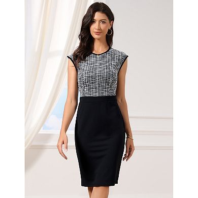 Work Dress for Women Tweed Crew Neck Sleeveless Patchwork Office Business Bodycon Sheath Dresses