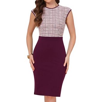 Work Dress for Women Tweed Crew Neck Sleeveless Patchwork Office Business Bodycon Sheath Dresses